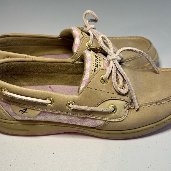 Sperry Women’s Topsider Boat Shoes Sz 8 Pink Sequins Tan Leather Loafers - Picture 5 of 6